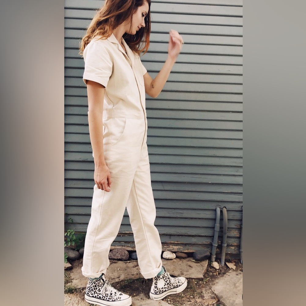 NWOT! Hey Gang twill canvas coveralls with custom ☮️ chainstitch